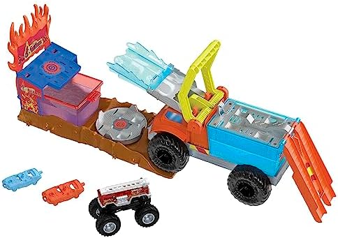 Hot Wheels Monster Trucks Arena Smashers  5 Alarm Na ratunek Zmiana koloru Zestaw z 1 pojazdem Color Shifter Monster Truck, 2 autkami do zmiażdżenia i 1 odczepianą półciężarówką, HPN73