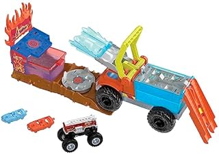 Hot Wheels Monster Trucks Arena Smashers  5 Alarm Na ratunek Zmiana koloru Zestaw z 1 pojazdem Color Shifter Monster Truck, 2 autkami do zmiażdżenia i 1 odczepianą półciężarówką, HPN73