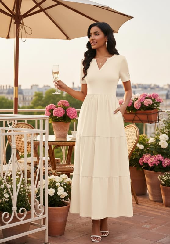 Image of MarryUP Women 2025 Casual Loose Maxi Dress with Pockets V Neck Short Sleeve Tiered Long Summer Beach Swing Dresses