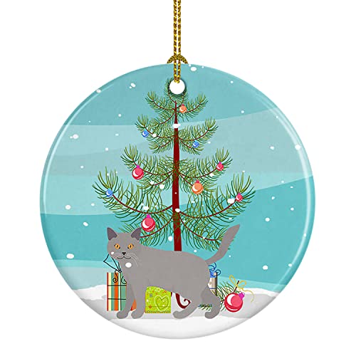 Caroline's Treasures Chartreux #2 Cat Merry Christmas Ceramic Ornament Christmas Tree Hanging Decorations for Home Christmas Holiday, Party, Gift, 3 in, Multicolor