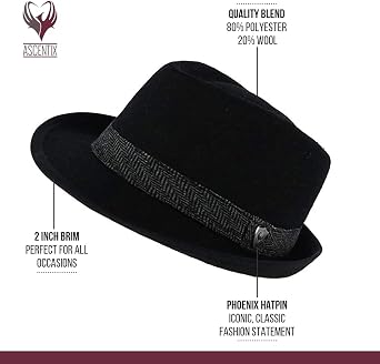 Mens Fedora, 2 Brim, Classic Wool Blend with Herringbone Band