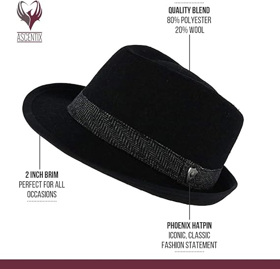 Mens Fedora, 2 Brim, Classic Wool Blend with Herringbone Band