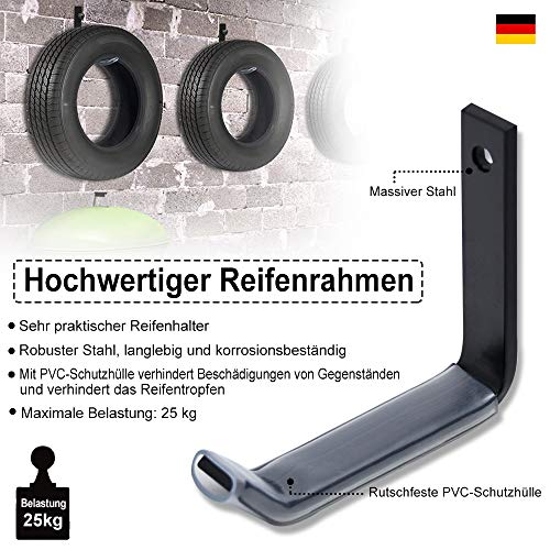 XMTECH 4 x bandenhouder wandhouder bandenrek van massief staal autobanden wandgemonteerd bandenrek tot 25 kg velgenhouder incl. montage schroevenset, bandenstandaard voor banden, garage, zwart