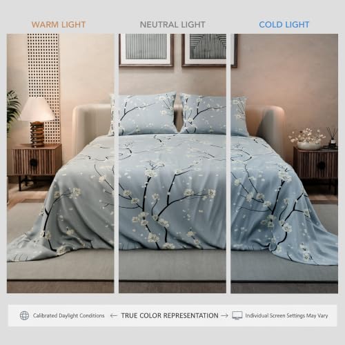 Image of BLISSHOME SoftTouch 140TC Cotton King Size Printed Bedsheet with 2 Pillow Covers for Double Bed, Silky Smooth Bedding Set, Breathable, Easy Maintain, Floral Print - Grey, White