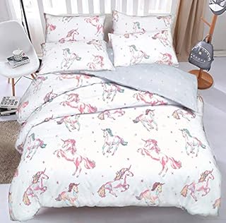 Sleepdown Rainbow Unicorn Horse White Grey Reversible Magical Stars Soft Easy Care Duvet Cover Quilt Bedding Set with Pillowcases - Double (200cm x 200cm)