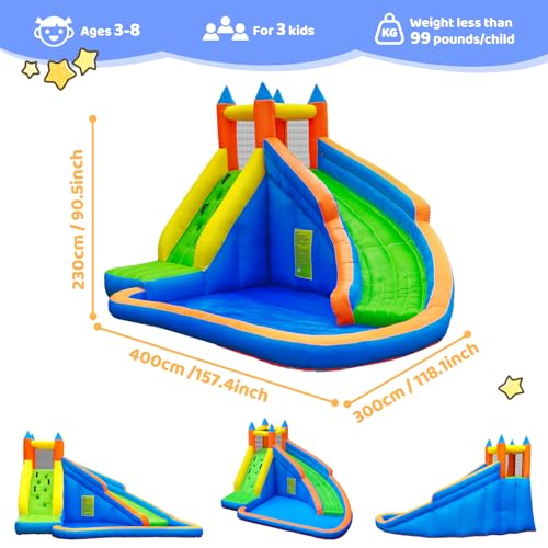 Doctor Dolphin Inflatable Water Slide,Giant Water Slides for Kids Backyard with Climbing Wall Plash Pool, Water Bounce House with Slide, Inflatable Water Park with Air Blower for Outdoor