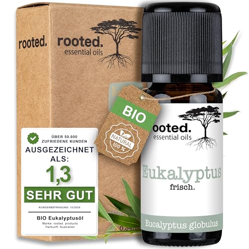 rooted.® BIO Eukalyptusöl 10ml [100% NATURREIN] - Echter Eukalyptus - Eucalyptus globulus für Aromatherapie, Duftlampe, Diffusoren, Raumduft, Duftkerzen und -Seifen