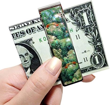 Mother of Pearl Apricot Flower House Painting Green Slim Stainless Steel Metal Money Clip Holder - Image 3