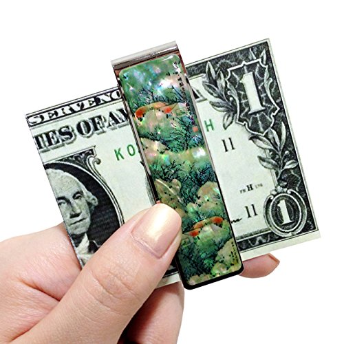 Mother of Pearl Apricot Flower House Painting Green Slim Stainless Steel Metal Money Clip Holder3
