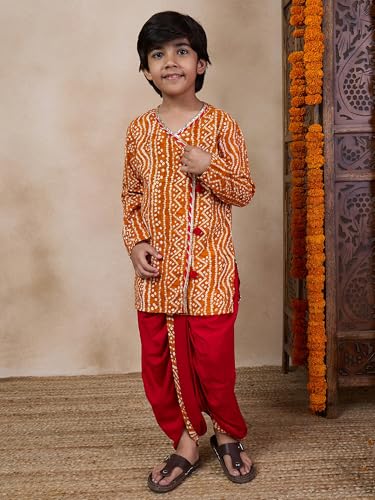 Pspeaches Boys Bandhani Printed V Neck Gotta Patti Kurta With Dhoti Pants (8-10Years)