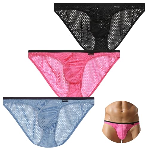 AIEOE Slip Homme Transparent en Maille Léger Bikini Taille Basse Sexy Mini Slip Noir-Rose-Bleu Taille Label L/Taille EU M