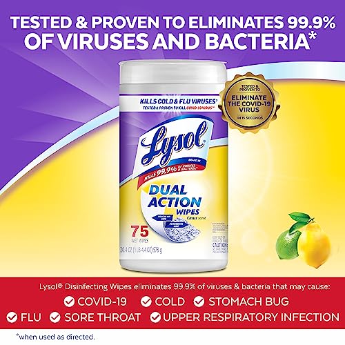 Lysol Dual Action Disinfectant Wipes, Citrus Scent, 75ct (Pack of 4) for Disinfecting and Cleaning