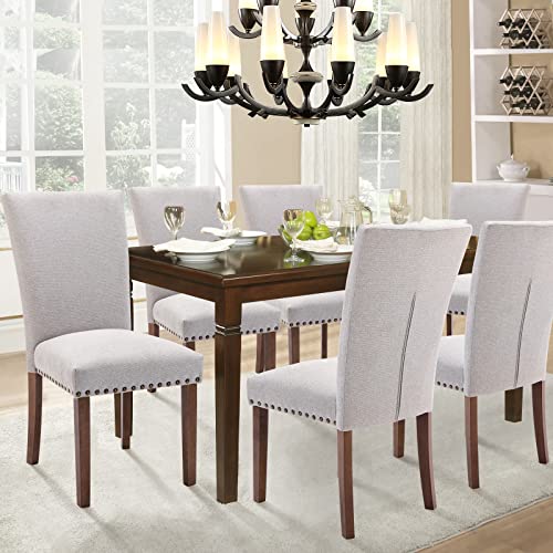 Image of Parsons Dining Chairs Set of 6, Upholstered Nailhead Dining Room Kitchen Side Chair with Thick Cushions and Wood Legs, Light Grey