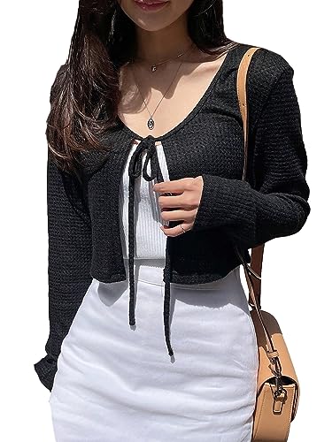 Floerns Women's Long Sleeve Tie Front Rib Knit Cardigan Crop