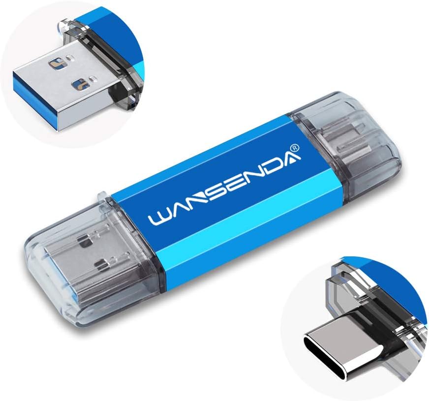 Wansenda128GB USB C Flash Drive 2 in 1 Thumb Drive, OTG USB 3.0 & Type-C Photo Memory Stick for Android Devices/PC/Mac (128GB, Blue)