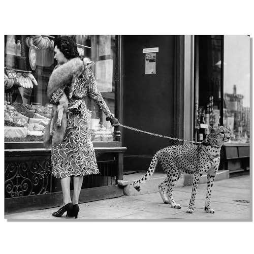 Vintage Black And White Wall Art Leopard on a Leash