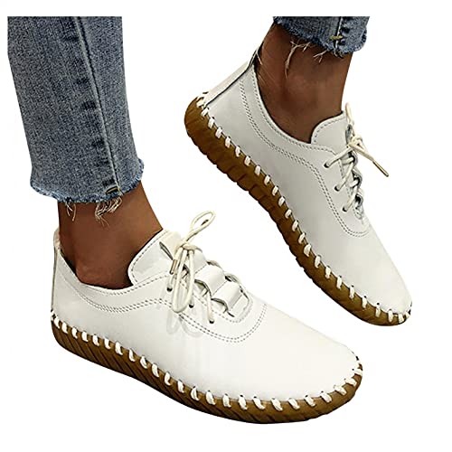 Hbeylia Vintage Dress Oxfords For Women Ladies Fashion Retro Leather Round Toe Lace Up Slip On Flats Fashion Sneakers Rubber Sole Anti Skid Play Sneakers Dressy Slip-On Loafers For School Uniform