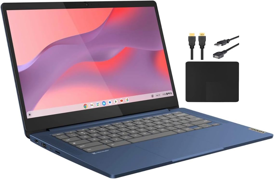 2023 14'' FHD Touchscreen Slim 3 Chromebook Laptop Business Student, 8-Core MediaTek Kompanio 520 Processor, 4GB RAM, 64GB eMMC, WiFi 6,Chrome OS+MarxsolCables, Abyss Blue