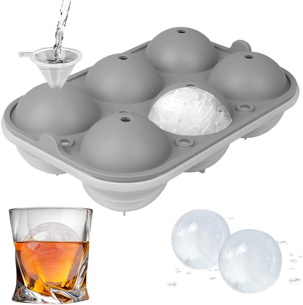 Ice Ball Maker, TINANA 2.5 Inch Ice Cube Trays, Easy Release Silicone Round Ice Sphere Tray with Lids & Funnel for Whiskey Cocktails Bourbon