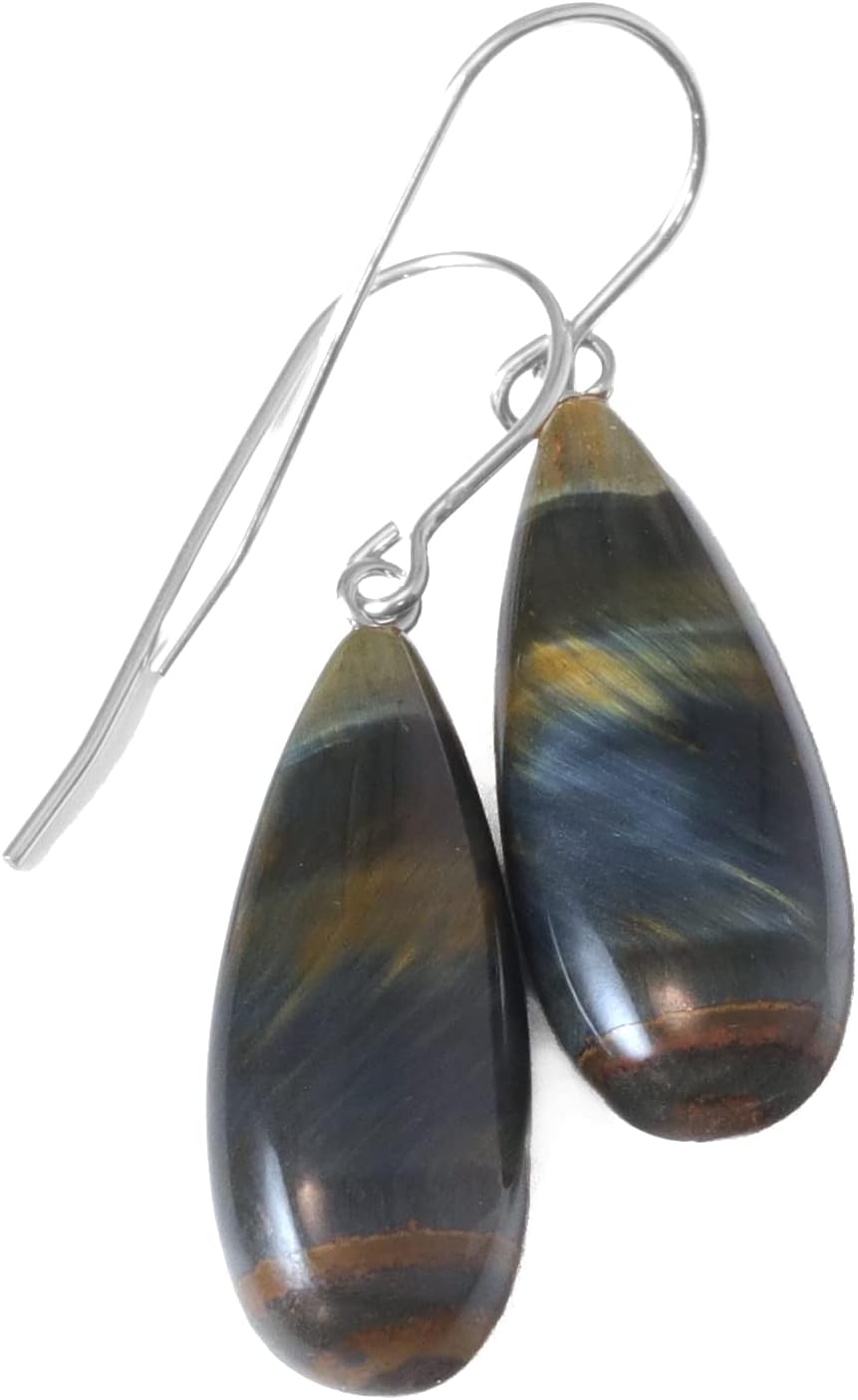 Tiger's Eye Earrings Hawk's Eye Blue Long Smooth Teardrop Velvet Iridescence