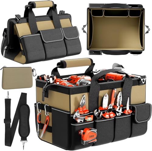 Image of WELDUN Tool Bag 15.5 Inch with 1 Pouch, 17-Pocket Portable Tool Box Organizer Storage with Adjustable Strap, Soft Handle, 39.5x25x26cm Heavy Duty Tool Bags for Men Gifts for Fathers Day(Khaki)