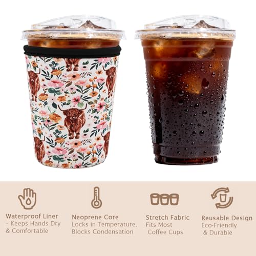 Image of Reusable Insulated Sleeve for Iced Coffee Cup, Coffee Neoprene Sleeve for Cold & Hot Drinks, Beverage Holder for Iced Coffee (Highland Bloom, Small: 16-18oz)
