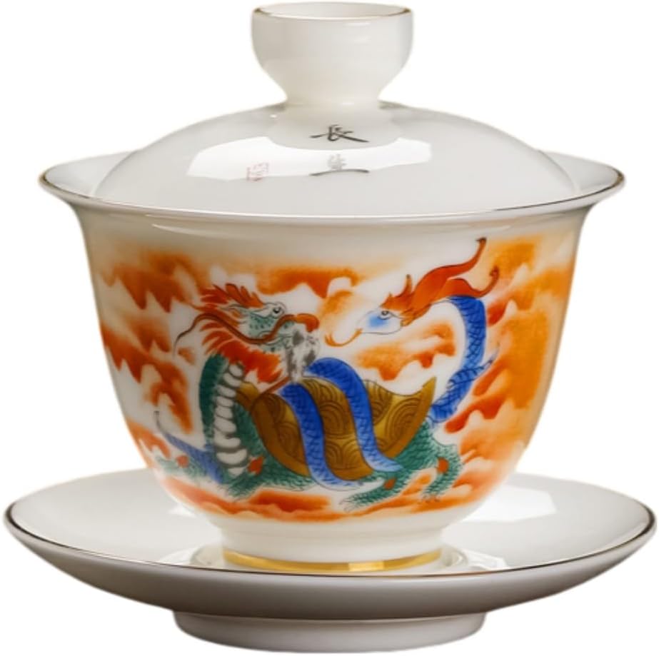 羊旨玉德化白瓷三才盖碗陶瓷中号敬茶器 Ceramic Kung Fu Tea Set,teapot,Teacups,warming Wedding Birthday Gift,Tea Tray Chinese,Dishwasher Safe 长生（款式二