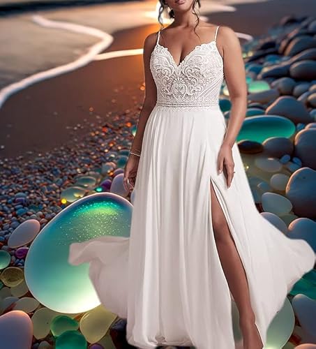 Hrryutrsya Spaghetti Straps Beach Wedding Dresses For Bride2023Women's Lace Applique Boho Bridal Gown L Ivory #TOP4
