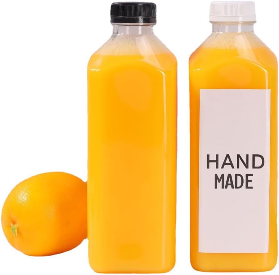 20PCS 60-1000ML Empty Clear Plastic Reusable Juice Drinking Bottles With Screw Caps Travel Containers Funnel Bulk Reusable Water Portable Smoothies Milk Containers (plastic black cap,1000ml)