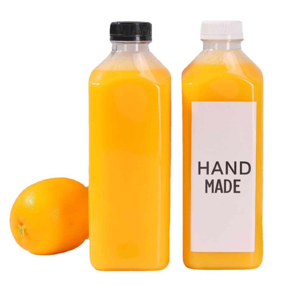 50 bottiglie vuote in plastica trasparente, riutilizzabili, per succhi di frutta, con tappo a vite, contenitori da viaggio con imbuto, riutilizzabili, per acqua, frullati e latte (1000 ml, tappo nero