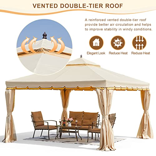 Erommy 10' X 12' Outdoor Canopy Gazebo, Double Roof Patio Gazebo Steel Frame With Netting And Shade Curtains For Garden, Patio, Party Canopy, Beige #TOP1