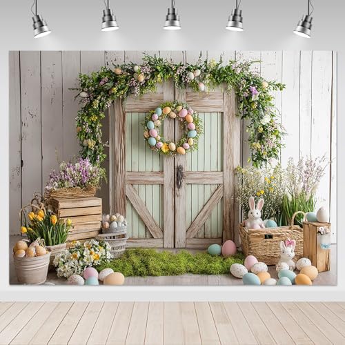 Mocsicka Easter Photography Backdrop Rustic Wooden Wall Spring Holiday Party Decorations Easter Colorful Eggs Cute Bunny Rabbits Background Photo Studio Props (7x5ft)
