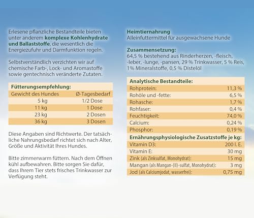 Dehner Best Nature Hundefutter, Nassfutter getreidefrei, für ausgewachsene Hunde, Rind / Reis / Distelöl, 6 x 400 g Dose (2.4 kg)