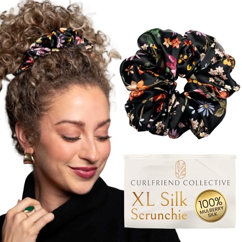 Image of Silk Scrunchies Ponytail Holders - Oversized Mulberry Silk Scrunchies - Extra Large No Damage Hair Ties for Curly, Thick, and Thin - Hair Accessories for Women - Midnight Blooms, XL By Curlfriend