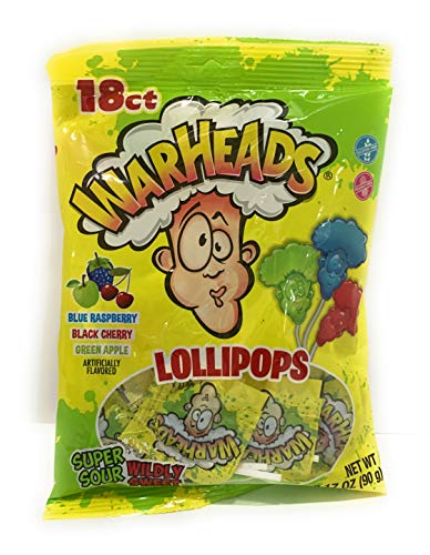 Warheads Lollipops Blue Raspberry, Black Cherry, Green Apple 3.17 oz