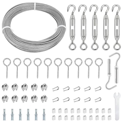 TooTaci Kit de suspension de lumière, 30 m/2 mm en acier inoxydable avec revêtement en PVC, tendeur de fil en acier inoxydable, fil de jardin pour plantes...
