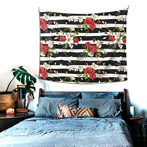 Psvod Black White Stripes Red Rose Flowers Tapestry Decoration Tapestry 60X51In Wall Decoration For Living Room And Bedroom #TOP2
