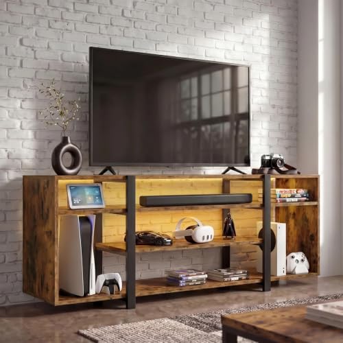 Image of Blisswood TV Stand Cabinet with LED Lights, Industrial TV Unit with 7 Open Shelves for TV up to 65 Inch,140cm Rustic Storage Media Console, Metal Frame, RGB Gaming Entertainment Center for Living Room