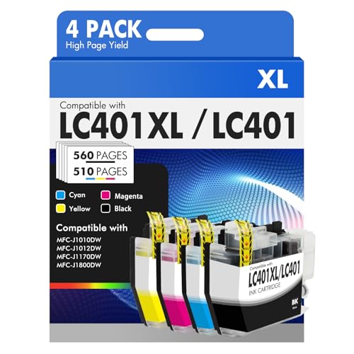 LC401 LC401XL MFC-J1010DW Ink Cartridges for Brother Printer LC 401 401XL for MFC-J1010DW MFC-J1170DW MFC-J1012DW MFC-J1800DW MFC J1010DW - 4 Pack High Yields Black Cyan Magenta Yellow