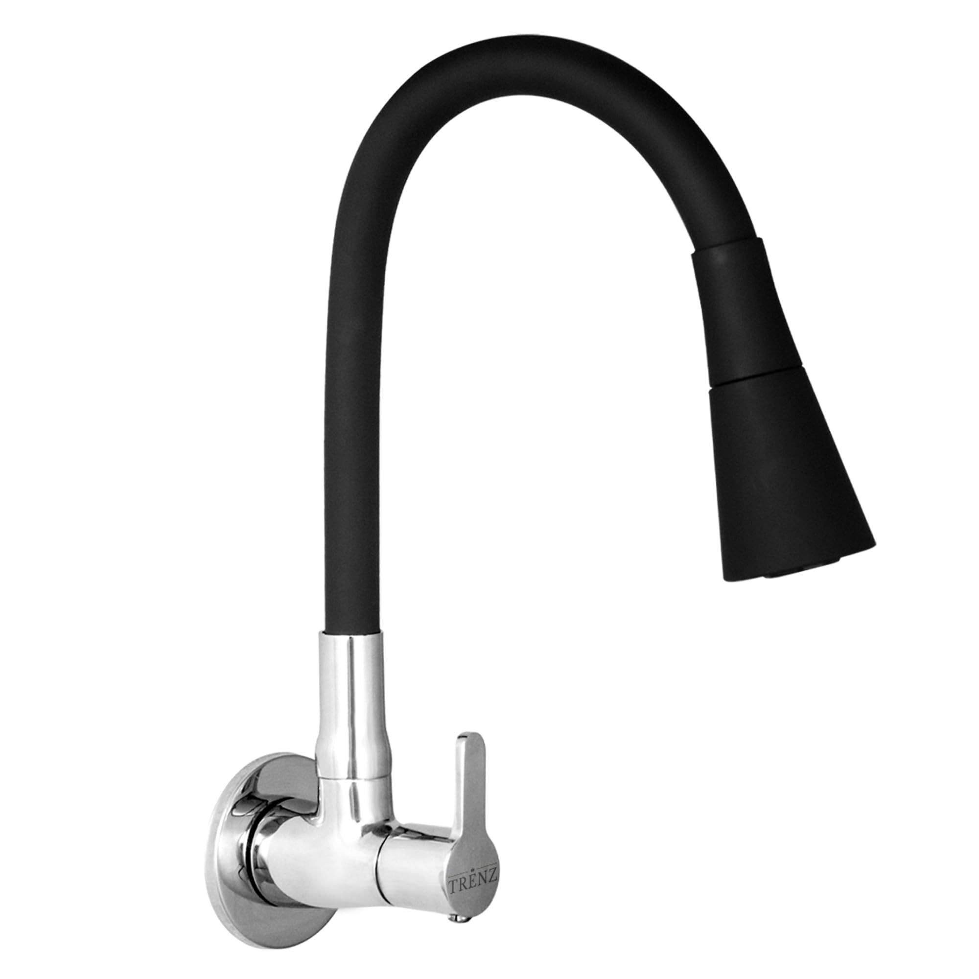 TRENZ OA0601451 Kitchen Sink Tap – Dual Flow Flexible 360 Degree Rotating Pipe Faucet, Brass Water Taps for Sinks, Black Rotational Silicone Sink Cock, Shower Sprinkler Mode, Wall Mounted
