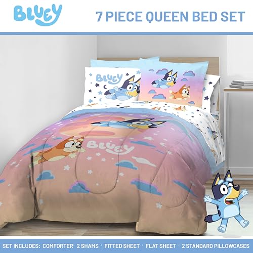 Image of Jay Franco Bluey & Bingo Queen Comforter Set - 7 Piece Bedding Includes Sheet Set & Pillow Covers - Super Clouds & Stars Cozy Bedding