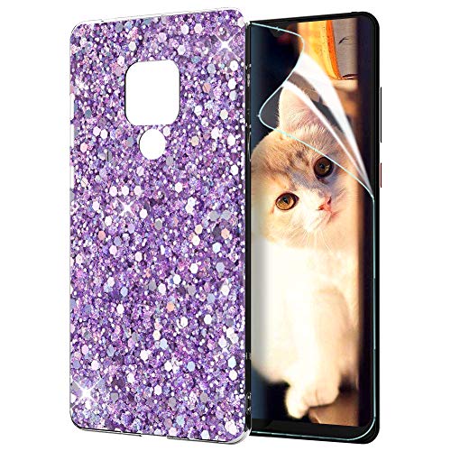 OKZone Case Compatible with Huawei Mate 20 X [with HD Screen Protector], Bling Glitter Sparkle Design Slim Fit Soft Gel TPU Silicone Skin Cover Anti-Scratch Protective Case (Purple)