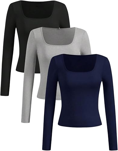SOLY HUX Women's 3 Piece T Shirt Square Neck Long Sleeve Slim Fit Tee Dressy Cas