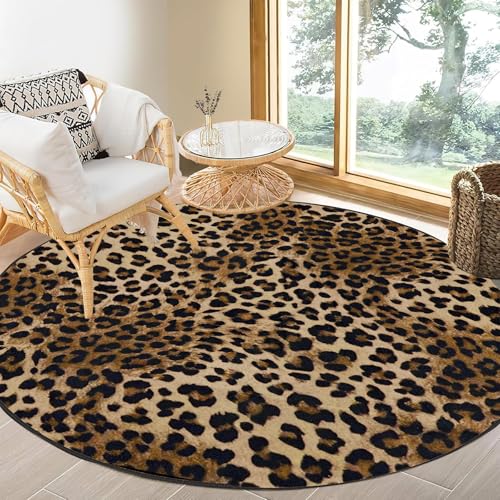 Aukib 3ft Leopard Print Round Area Rug, Washable Non-Slip Ultra-Soft