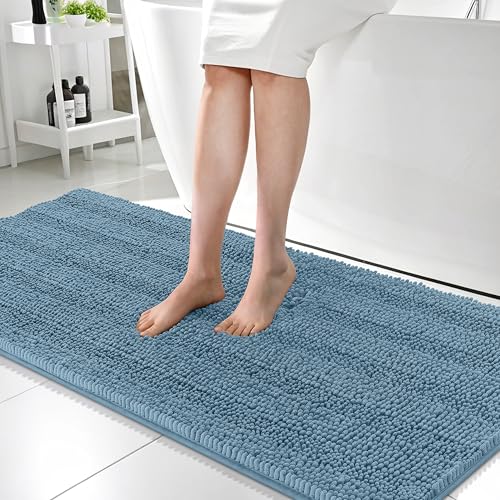 Image of OLANLY Thick Bathroom Runner Rugs 59x24, Absorbent Chenille Striped Bath Rugs, Rubber Backing, Machine Wash, Extra Long Bath Mats for Bathroom Floor, Tub and Shower, Home Decor Accessories, Airy Blue