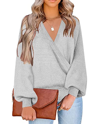 Image of LookbookStore Women's Knit Long Sleeve Faux Wrap Surplice V Neck Sweater Top