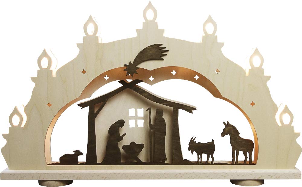 Arche lumineuse en bois naturel sculpté de la nativité à LED