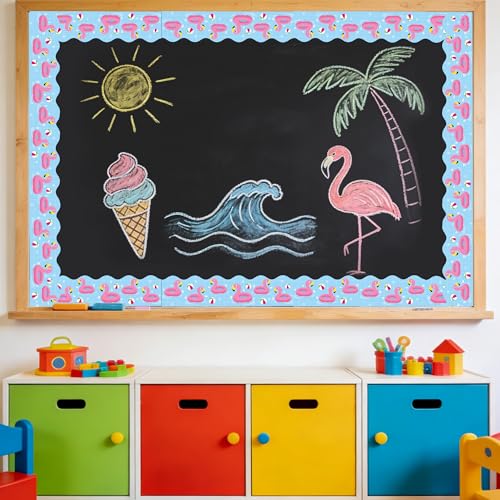 Image of BeYumi Summer Flamingo Border Trim - 65ft Back to School Pool Rolled Border | Tropical Flamingo Beach Swimming Pool Bulletin Board Set School Classroom Office Chalkboard Home Party Holiday Decoration