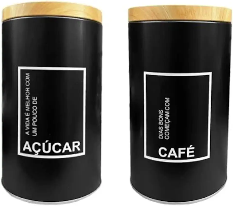 Conjunto de Potes Herméticos Redondo para Café e Açúcar Metal Preto Fosco com Tampa na Cor Bambu Natural Decorativo Elegante Moderno Sofisticado Resistente e Boa Capacidade de Armazenamento