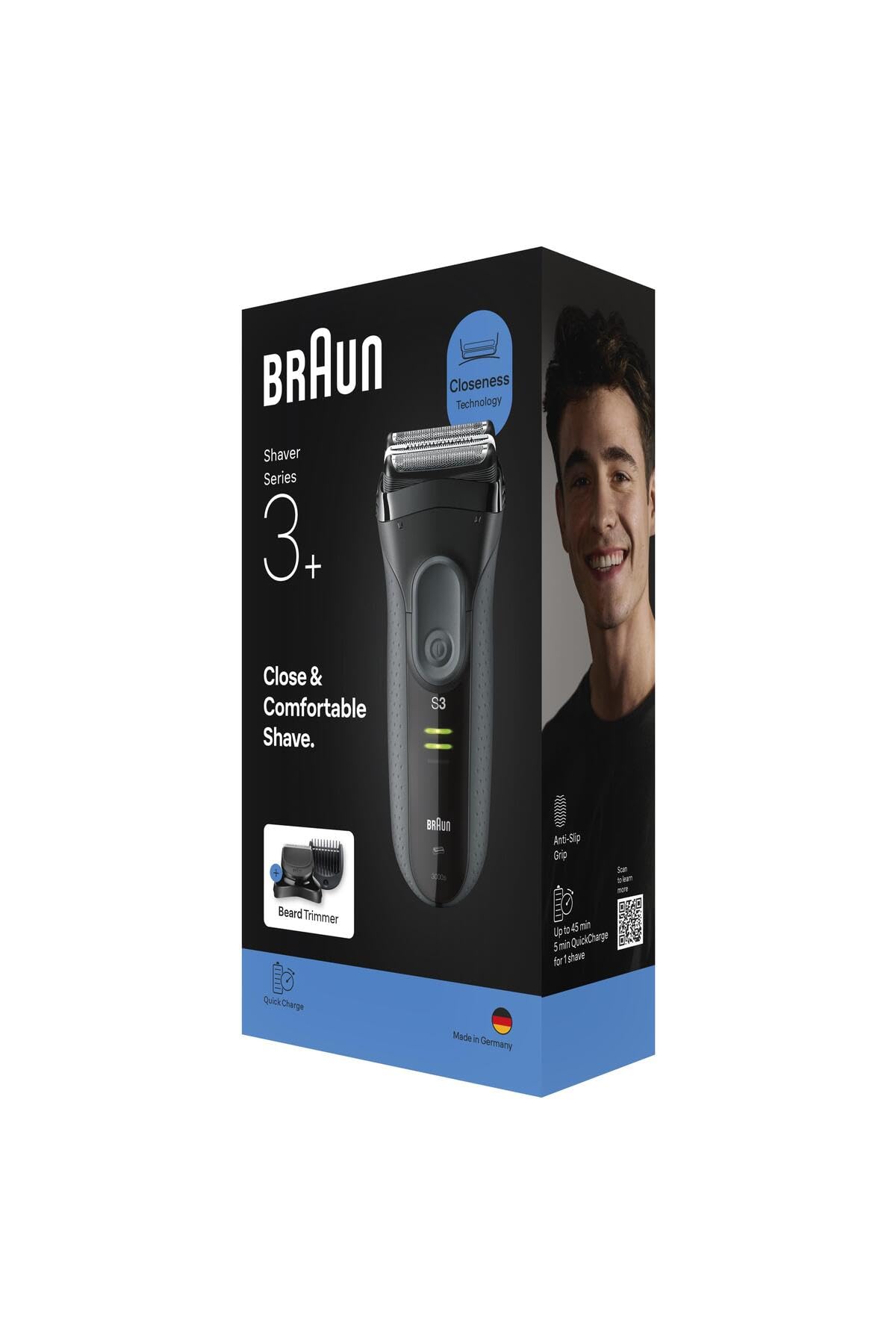 Braun Serie 3 Elektrorasierer, 3 flexible Klingen, MicroComb Hochleistungs-Barttrimmer-Zubehör, Trockenrasierer für Männer, hergestellt aus